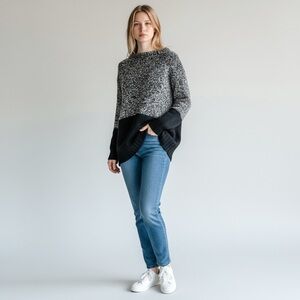 French Connection Black and White Boucle and Knit MIxed Media Sweater